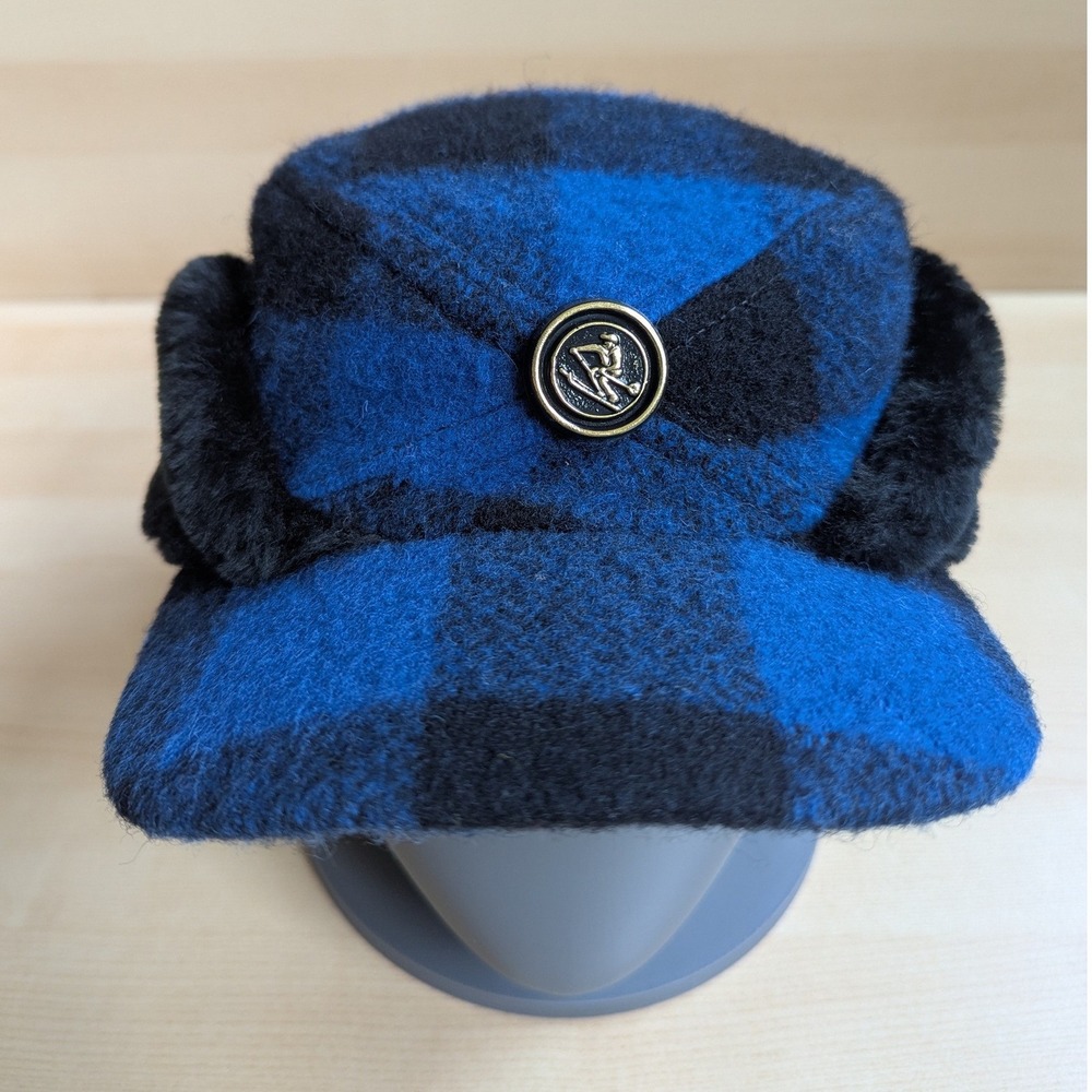 Vintage Union Made Buffalo Plaid Trapper Hat Blue Black Wool Faux Fur USA Large